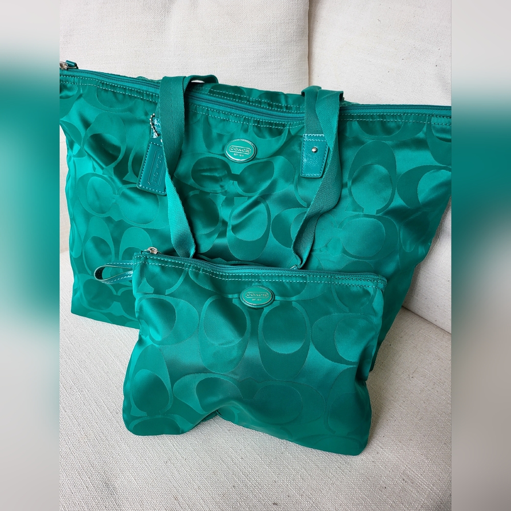 Coach Teal Signature Nylon Tote with Matching Zip Pouch
